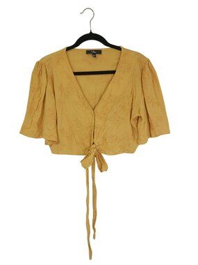 Lulus Mustard Yellow Cropped Tie-Front Floral Embroidered Blouse Puff Sleeves Si